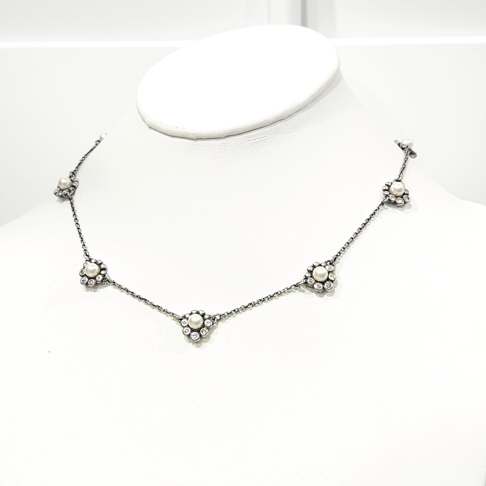 Dior Pearl Necklace White Crystal Faux Pearl Station Antique Silver Choker